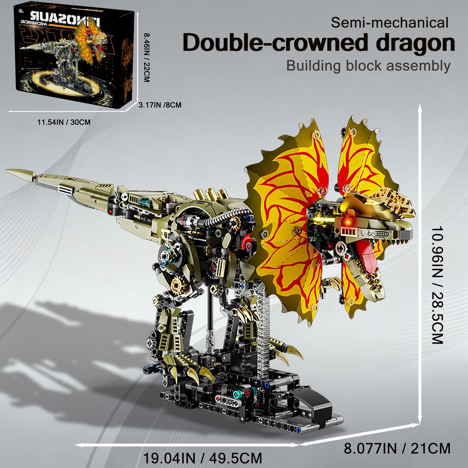 Mechanical Dilophosaurus Building Set, Flexible Joints with Light Effects and Realistic Details. Compatible with LEGO Animal Series, Great for Home
