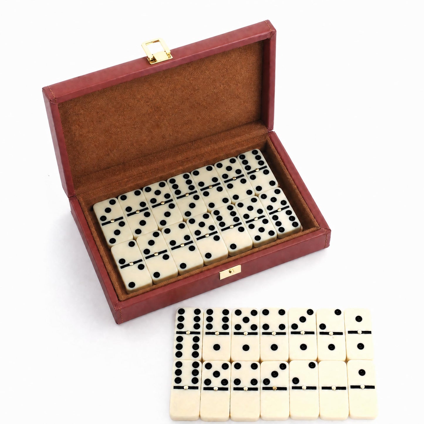 Strategyify Double 6 Dominoes Set with Spinners - 28 Ivory Tiles in Brown Leatherette Case, Classic Family Game for Adults, Portable Travel Gift Set