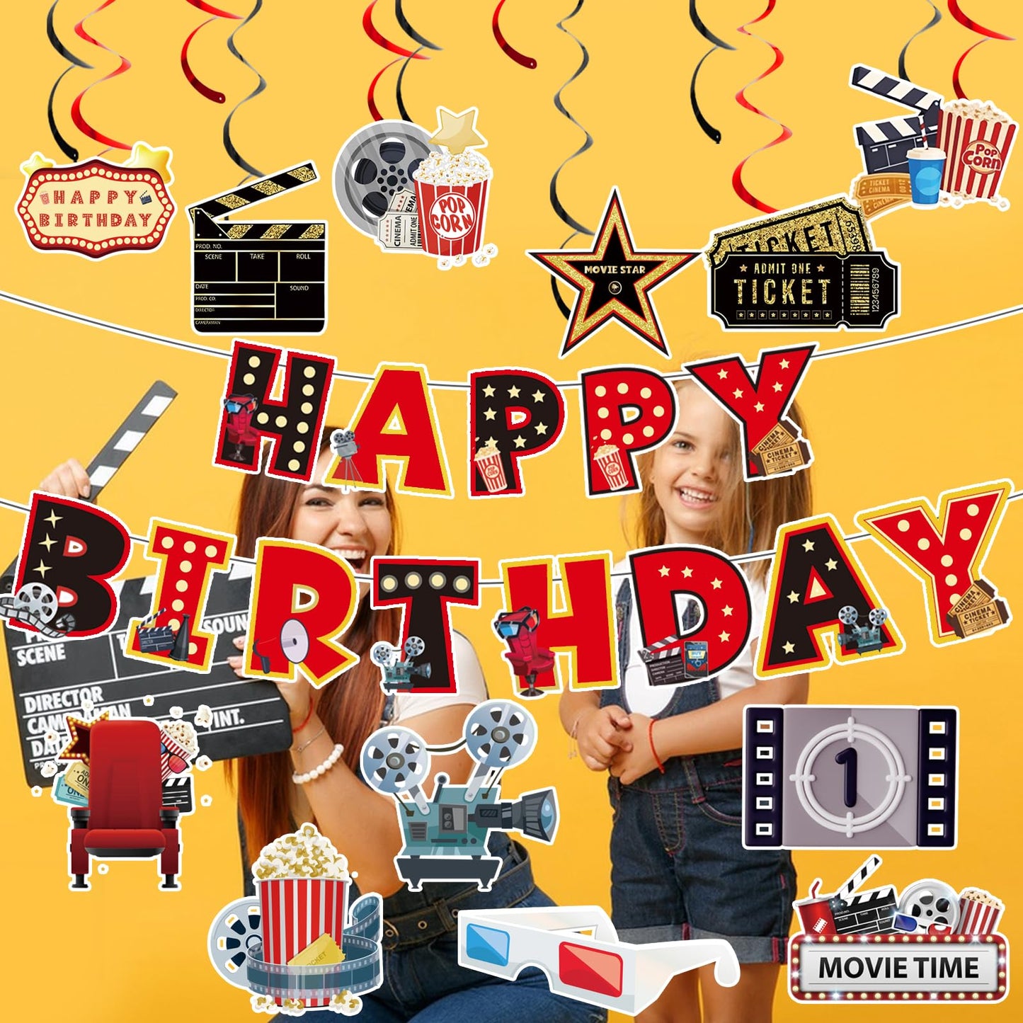 Movie Night Decorations, Movie Night Supplies, Happy Birthday Banner Hanging Swirls Movie Theme Party Decorations for Birthday Party Film Backdrop