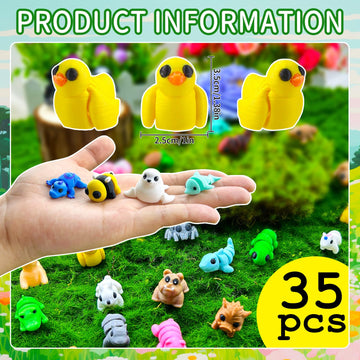 QCHENKOMI 35pcs Mini 3D Printed Animal Figurines Set, Flexible Articulated Fidget Toys for Kids & Adults, Cute 3D Print Animals Bulk for Party Favors