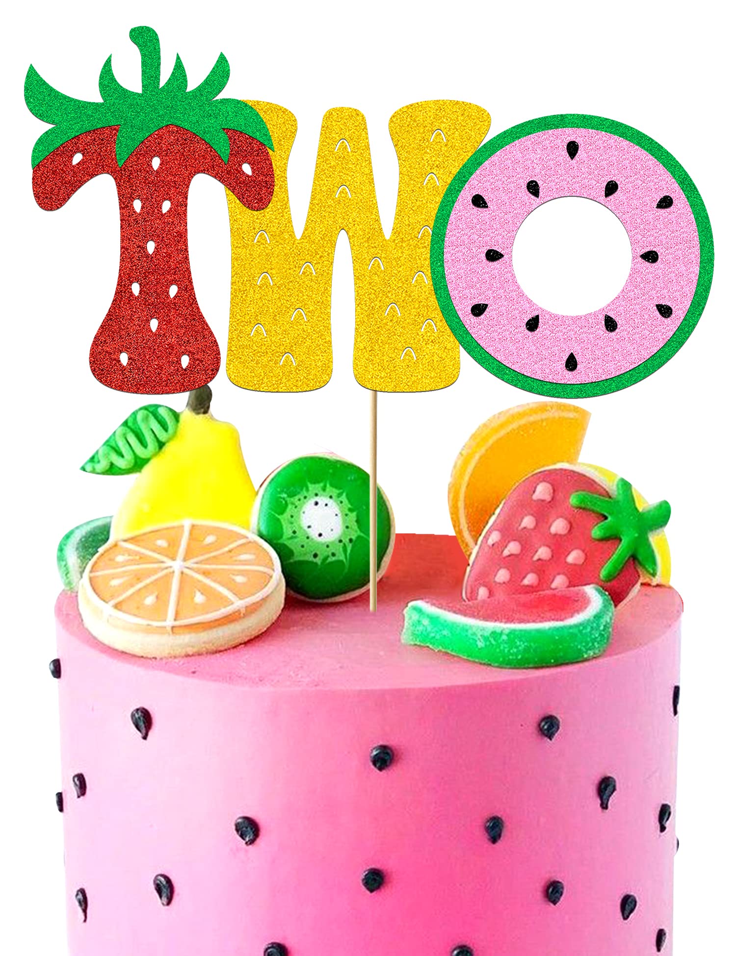 Fruit Two Cake Topper Glitter Gold Fruity Two Cake Decorations for Girls Boys Strawberry Watermelon Pineapple Summer Fruits Happy Birthday Decorations