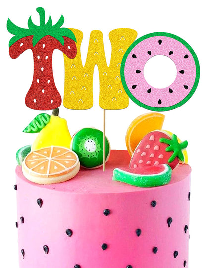 Fruit Two Cake Topper Glitter Gold Fruity Two Cake Decorations for Girls Boys Strawberry Watermelon Pineapple Summer Fruits Happy Birthday Decorations