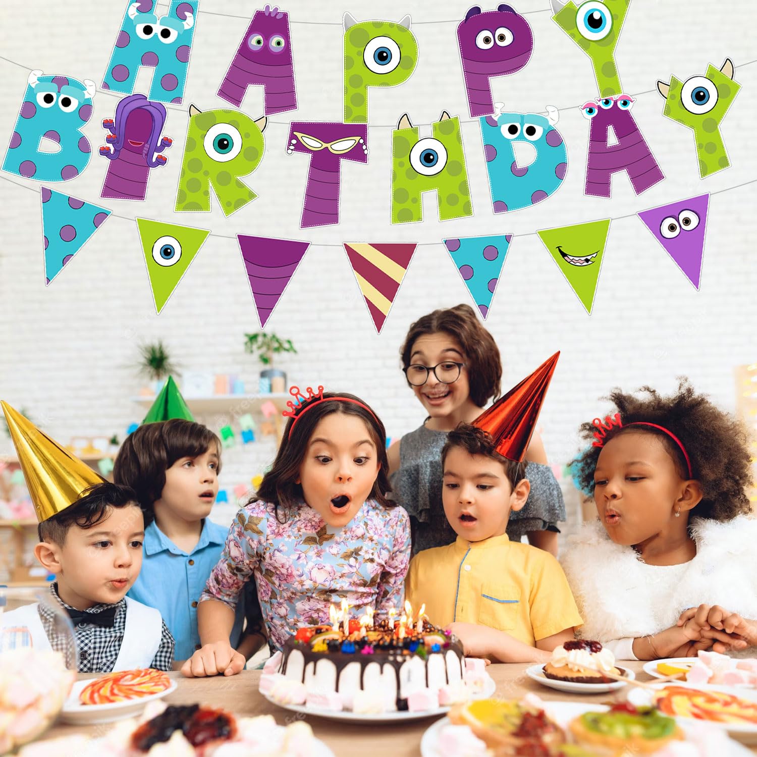 3 Pcs Monster Birthday Banner and Garland - Cute Monster Theme Party Decorations for Kids Birthday, Baby Shower, Boys Girls Celebration Supplies