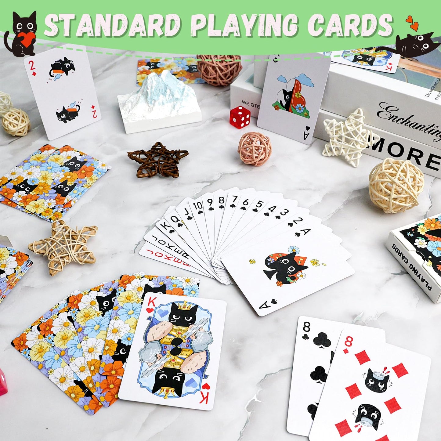 Wkchxd Playing Cards, Cute Black Cat Playing Cards, Floral Cats Themed Deck of Cards for Game Nights, Premium Standard Size Poker Cards for Card