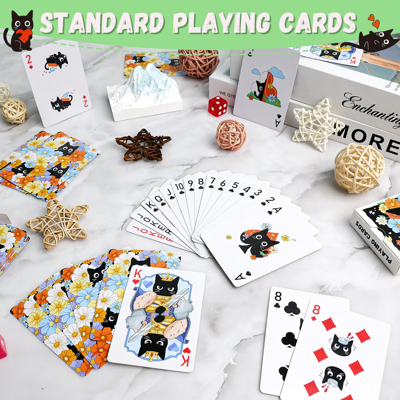Wkchxd Playing Cards, Cute Black Cat Playing Cards, Floral Cats Themed Deck of Cards for Game Nights, Premium Standard Size Poker Cards for Card