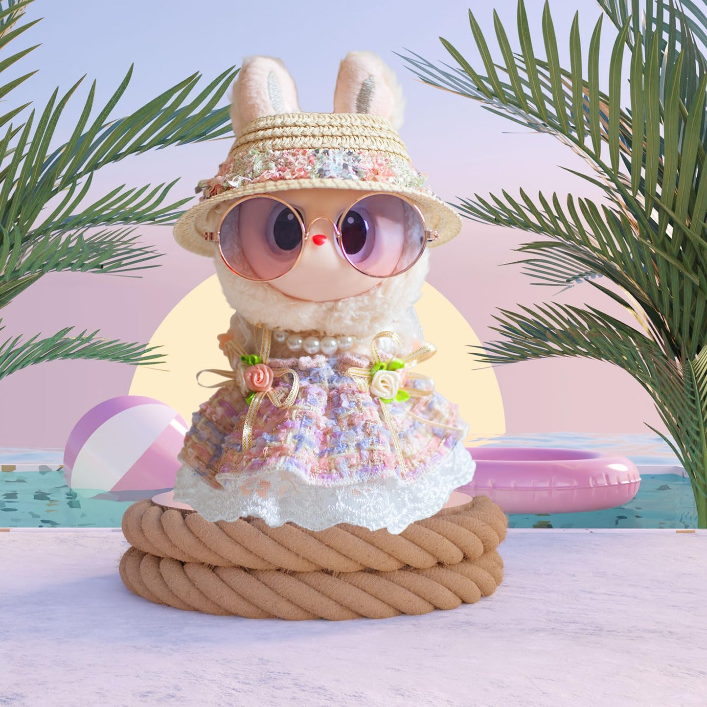 for Labubu Clothes Romantic Style Dresses, for Labubu Outfits with Glasses, Hat, Necklace Bundle for 17cm/6.7in Doll (No Doll)