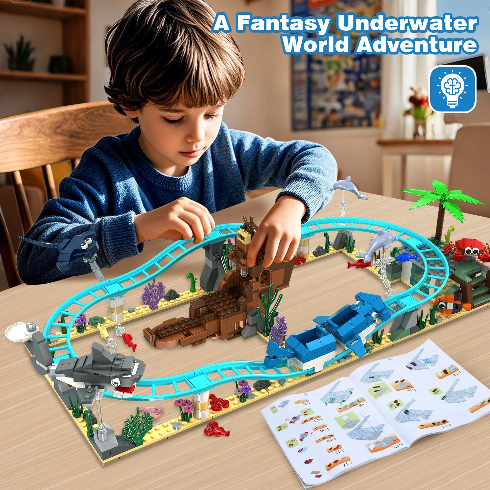 Roller Coaster Set, Ocean Roller Coaster Building Toy Set Explorer Ship, Deep Sea Boat Creatures, Sea Animal Toys Gifts for 6+ Year Old