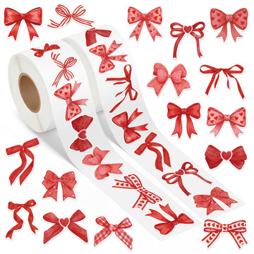 DSjuedui Red Watercolor Bow Stickers - 1000Pcs Vintage Coquette Red Bow Aesthetic Stickers for Girls, Cute Watercolor Bowknot Decals for Valentines