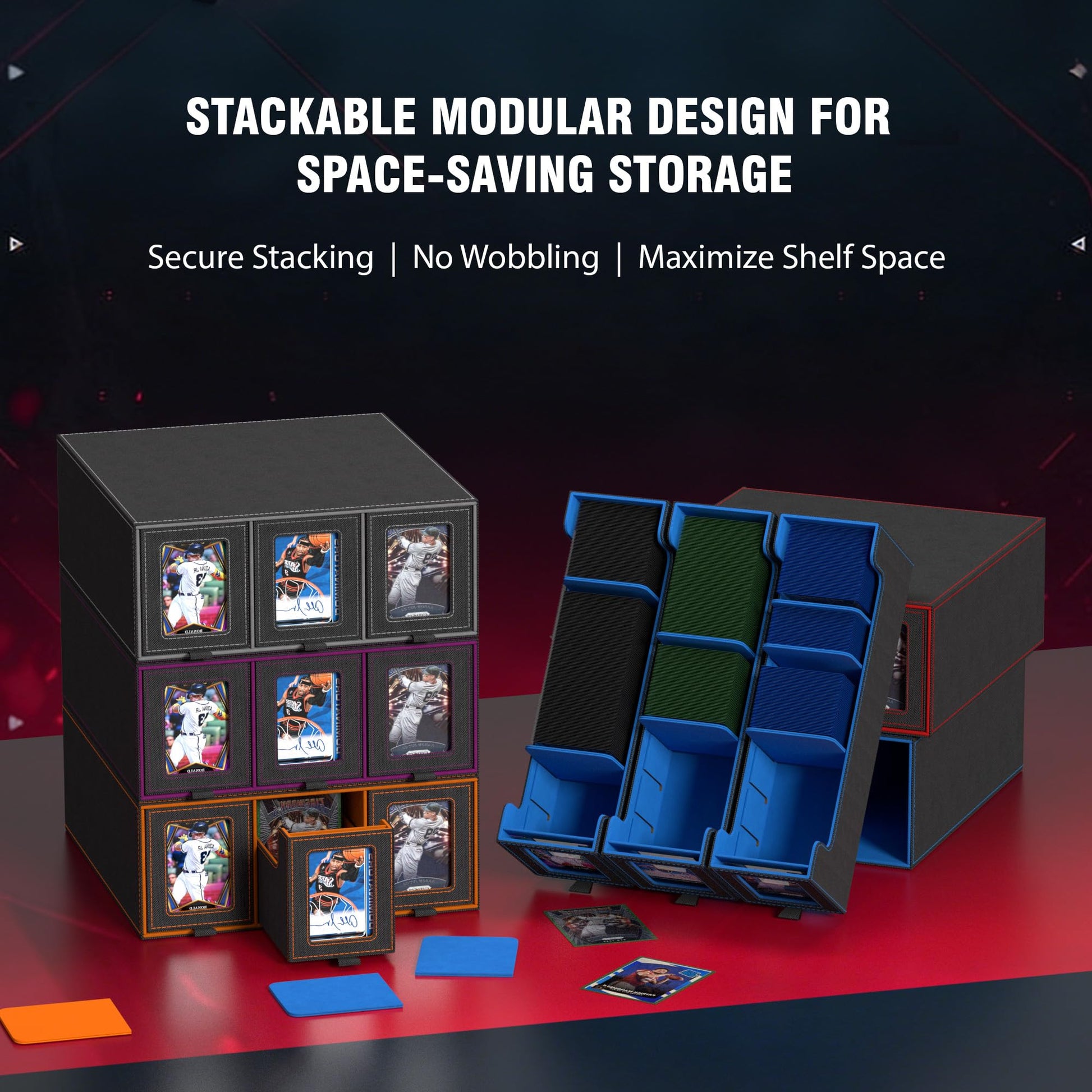 Trading Card Storage Box, 3-Row Slide-Pull Card Case with Stackable Design & 15 Dividers, Commander Display Card Organizer Holder for MTG, Pkmn