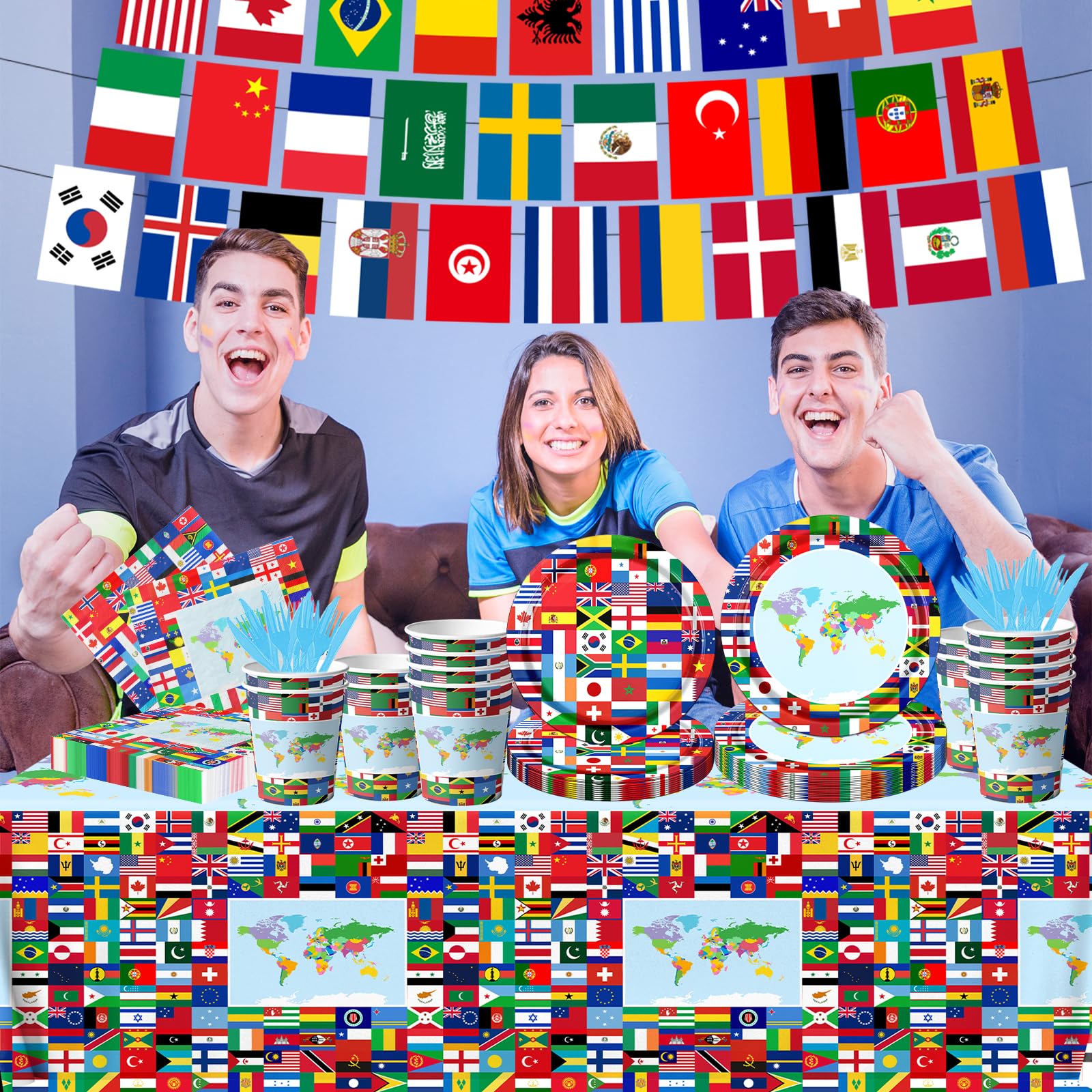 International World Flags Tableware Set, 142Pcs International Flags Decorations Plates and Napkins, Cups,Banner,Flags Tablecloth for Travel Trip