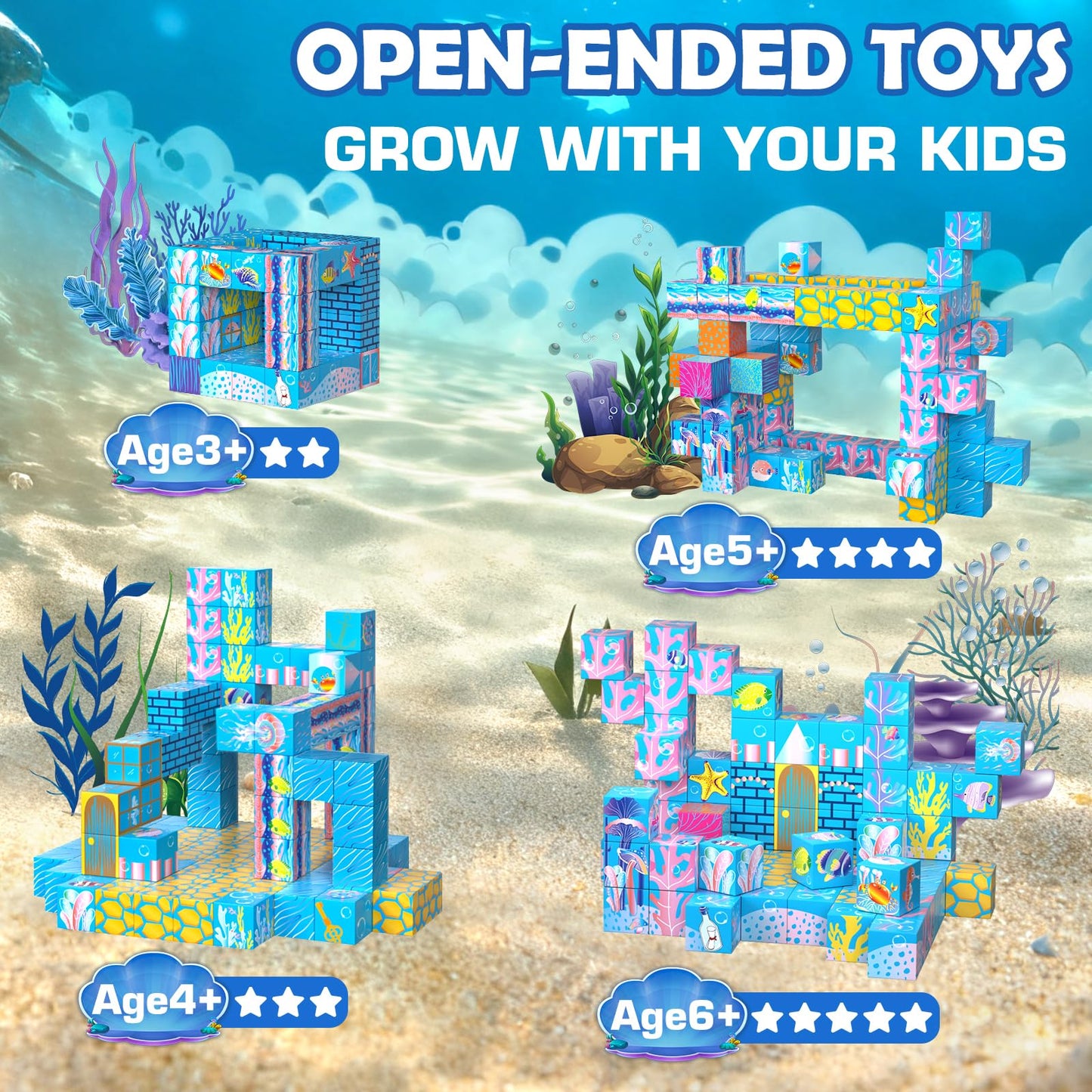 OOIEWPQ 70PCS Magnetic Building Blocks for Kids Ages 4-8, Light-Up Transparent Magnet Cubes for Ocean World Build, STEM Toys for Boys Girls Toddlers