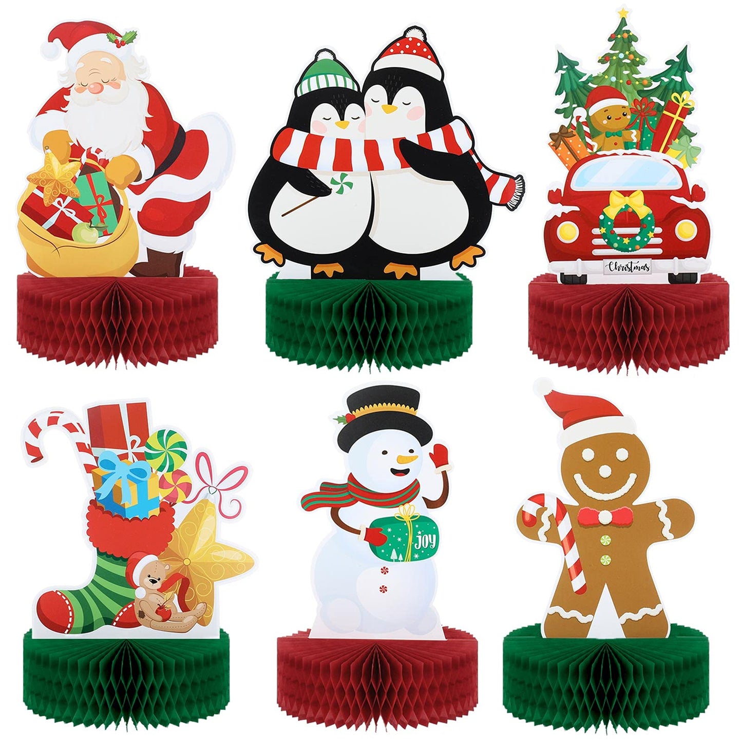 6 Pieces Christmas Table Decorations Honeycomb Centerpieces, Christmas 3D Honeycomb Table Decor, Santa Snowman Topper for Winter Holidays Dining Room