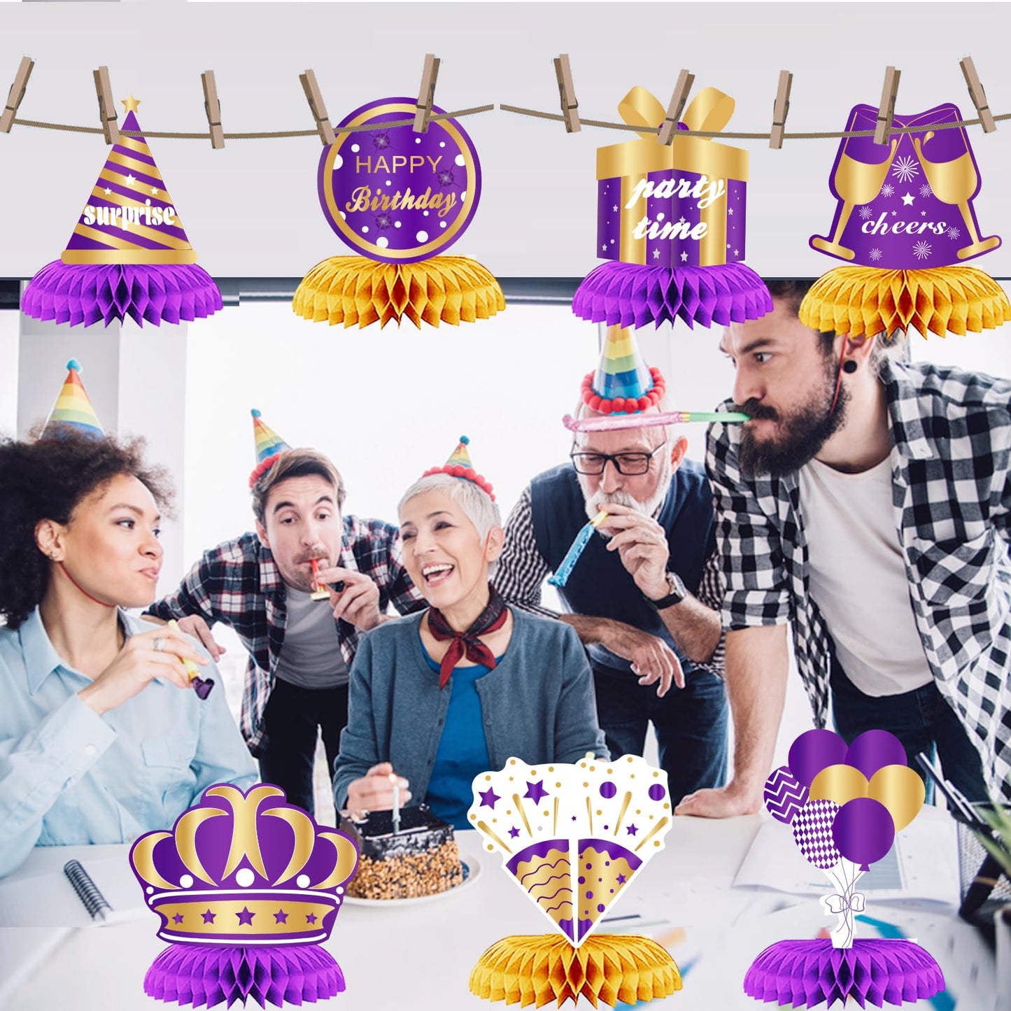 WINPOGEE Purple Gold 9pcs Birthday Decorations Honeycomb Centerpieces for Women Men Happy Birthday Table Topper Decor