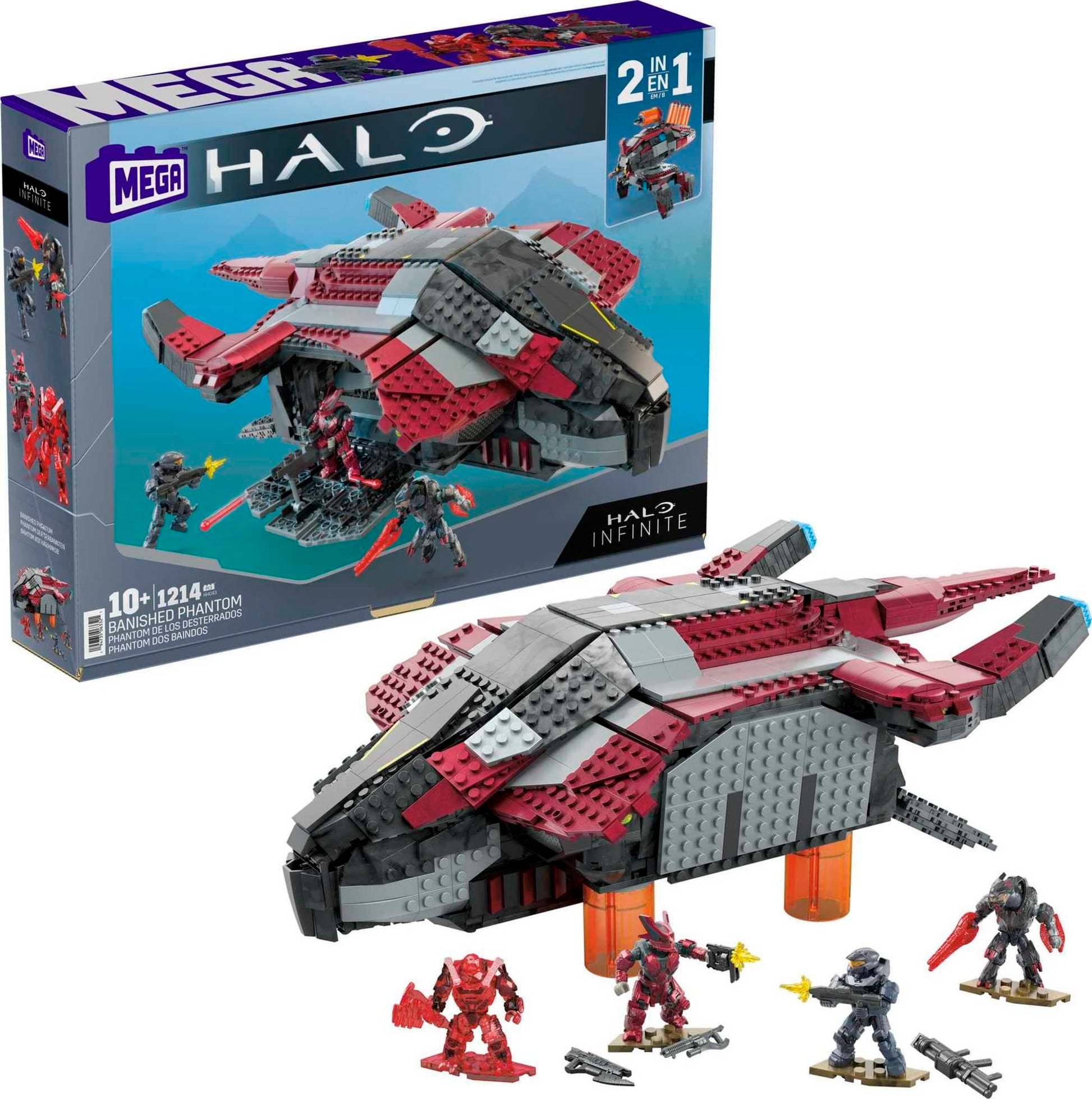 MEGA Halo Infinite Toy Building Sets, Banished Phantom Aircraft with 1214 Pieces, 4 Micro Action Figures and Accessories, for Collectors
