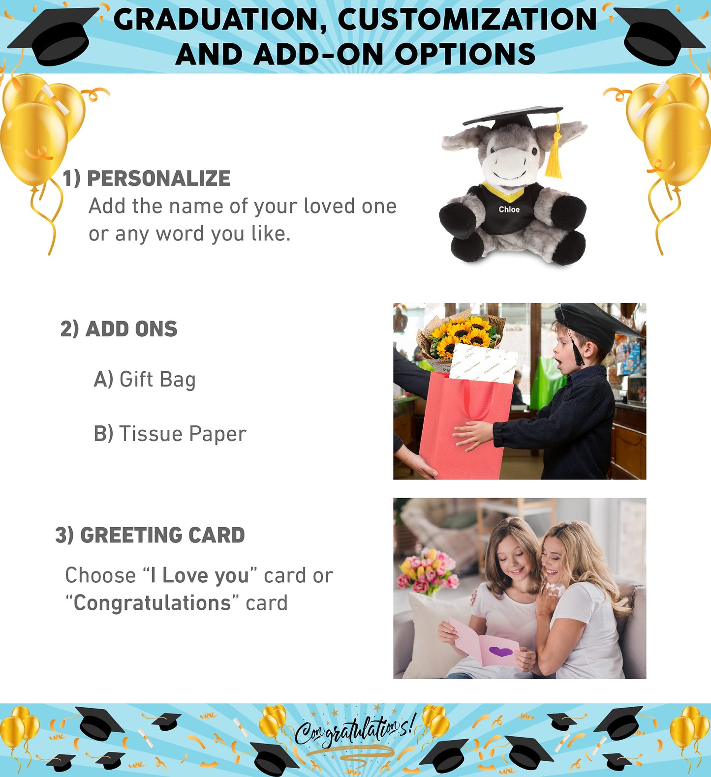 DolliBu Lying Grey Donkey Graduation Plush Toy - Soft Graduation Stuffed Animal Dress Up with Gown & Cap with Tassel Outfit and with Personalization