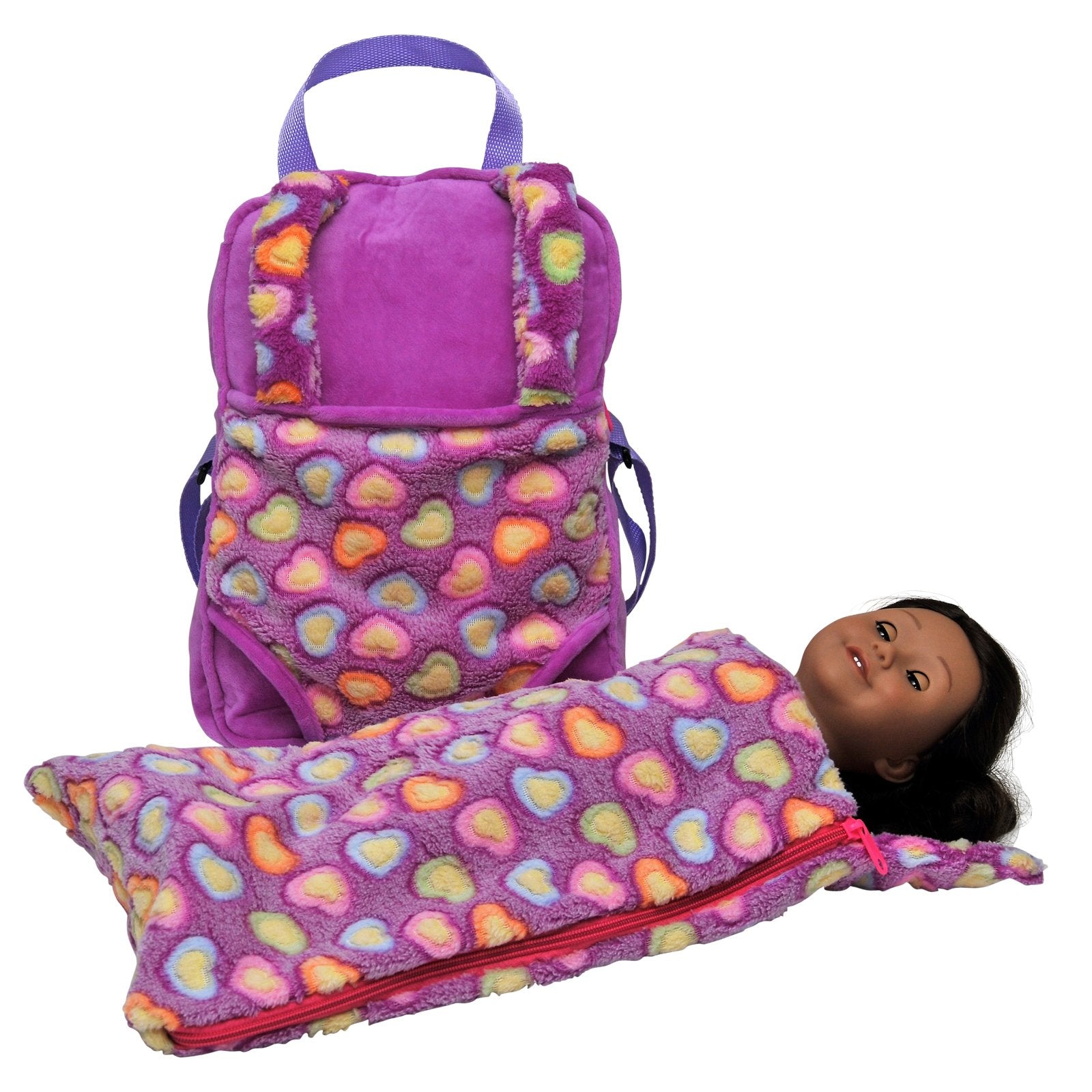 THE QUEEN'S TREASURES Purple Baby-Doll Backpack Carrier and Doll-Size Sleeping Bag, Compatible for use with 15 and 18 Inch American Girl