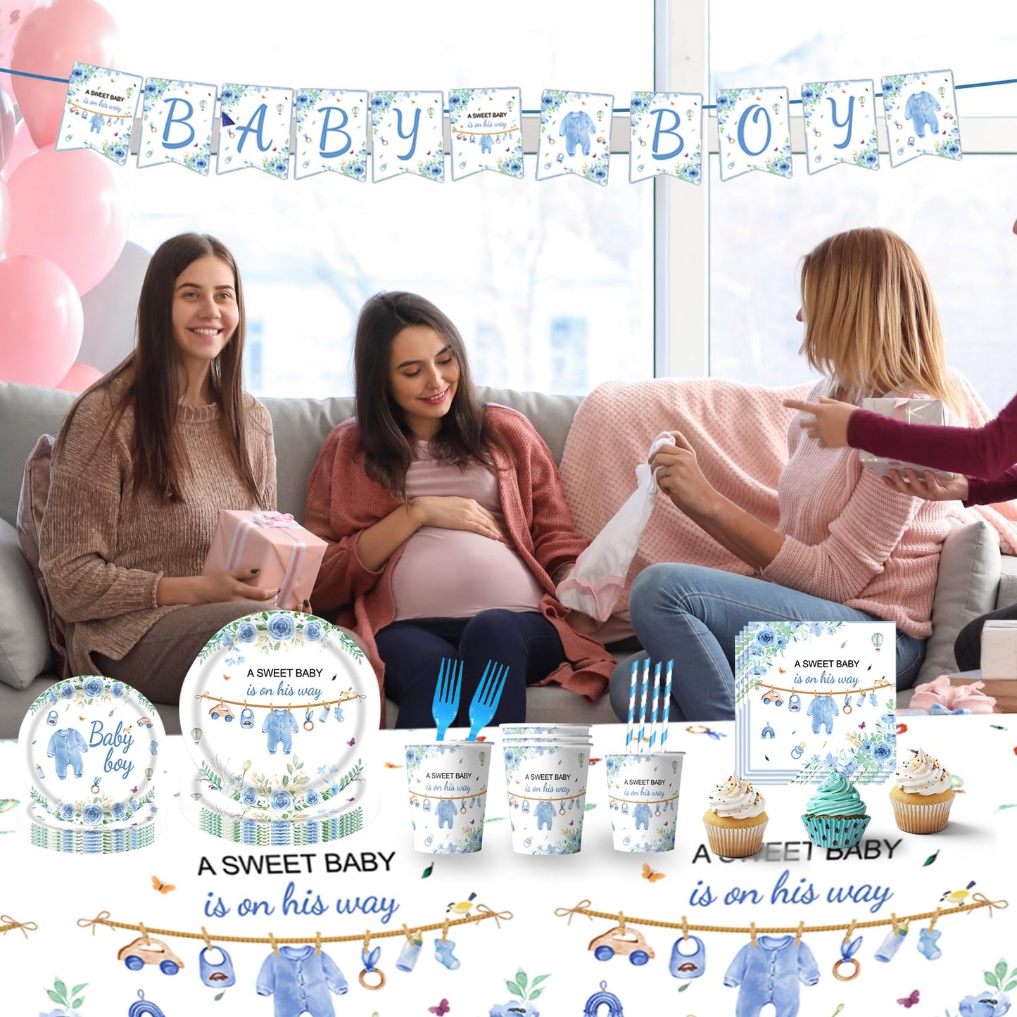 TOTOMA 162 Pcs Baby Shower Decorations for Boy Serve 25 Guest - Blue Theme All-in-One Party Supplies Kit with Plates, Cups, Napkins, Forks, Straws