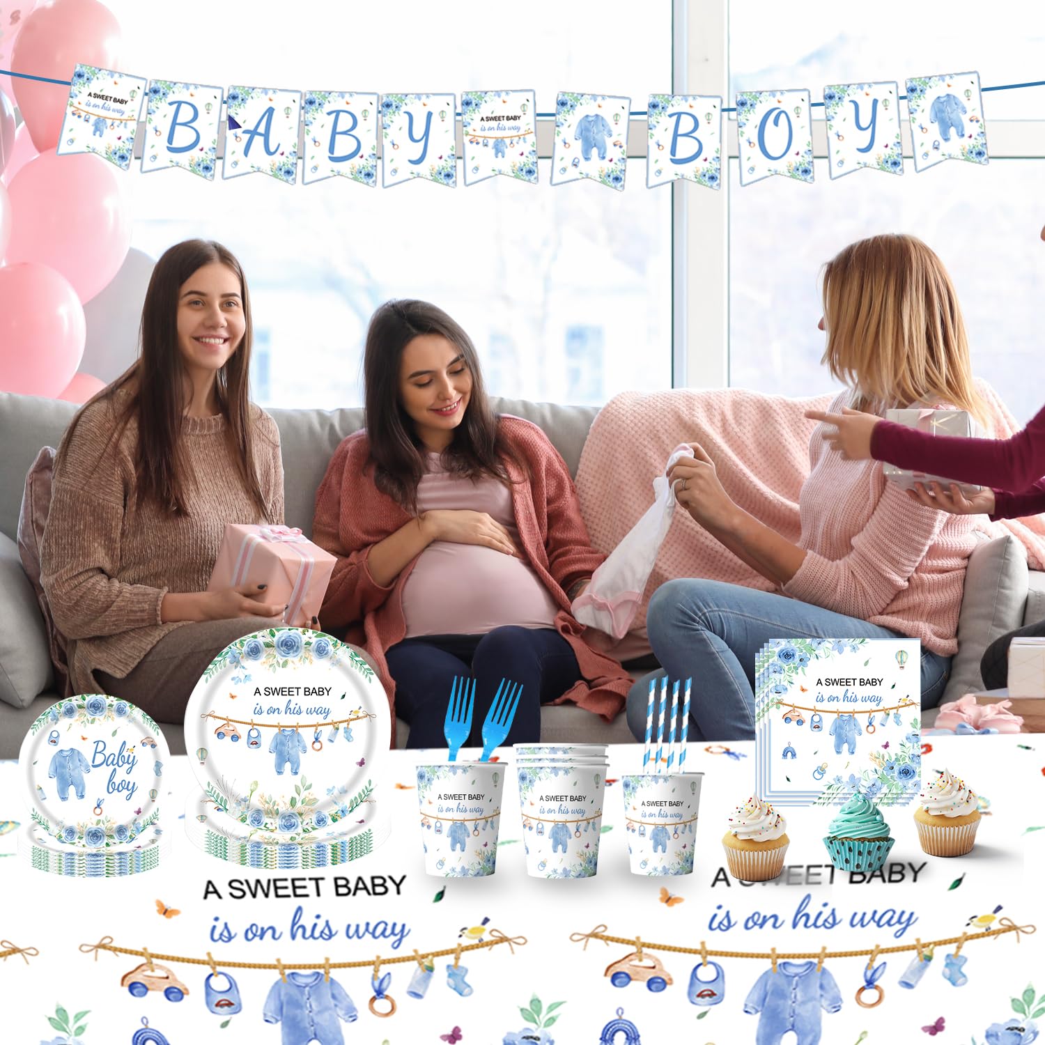 TOTOMA 162 Pcs Baby Shower Decorations for Boy Serve 25 Guest - Blue Theme All-in-One Party Supplies Kit with Plates, Cups, Napkins, Forks, Straws