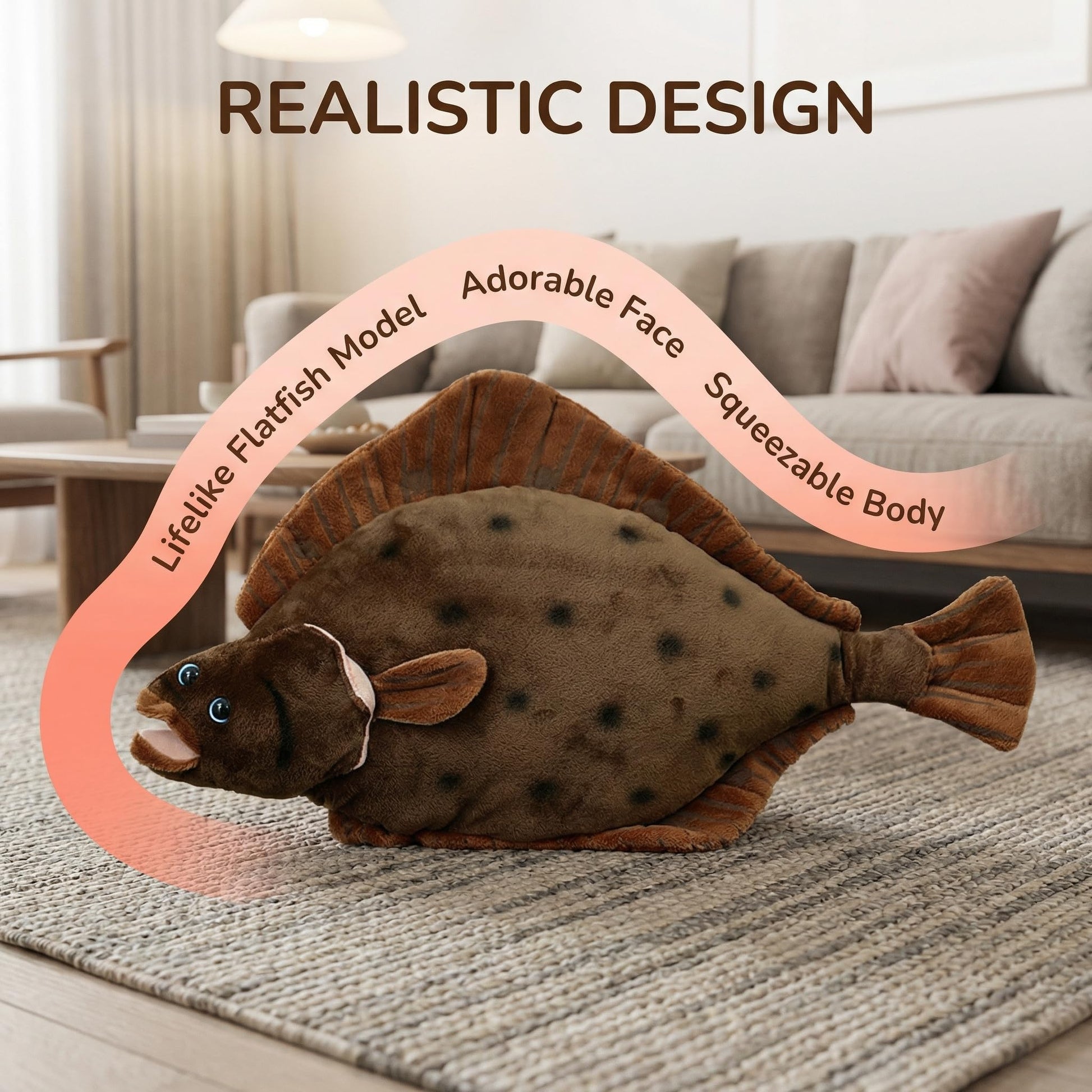 ZHONGXIN MADE Simulation Flounder Stuffed Plush Toy- 17inch Lifelike Ocean Animals Cute Flatfish Plushie Toys Figur, Super Soft Plush Dolls for Kids