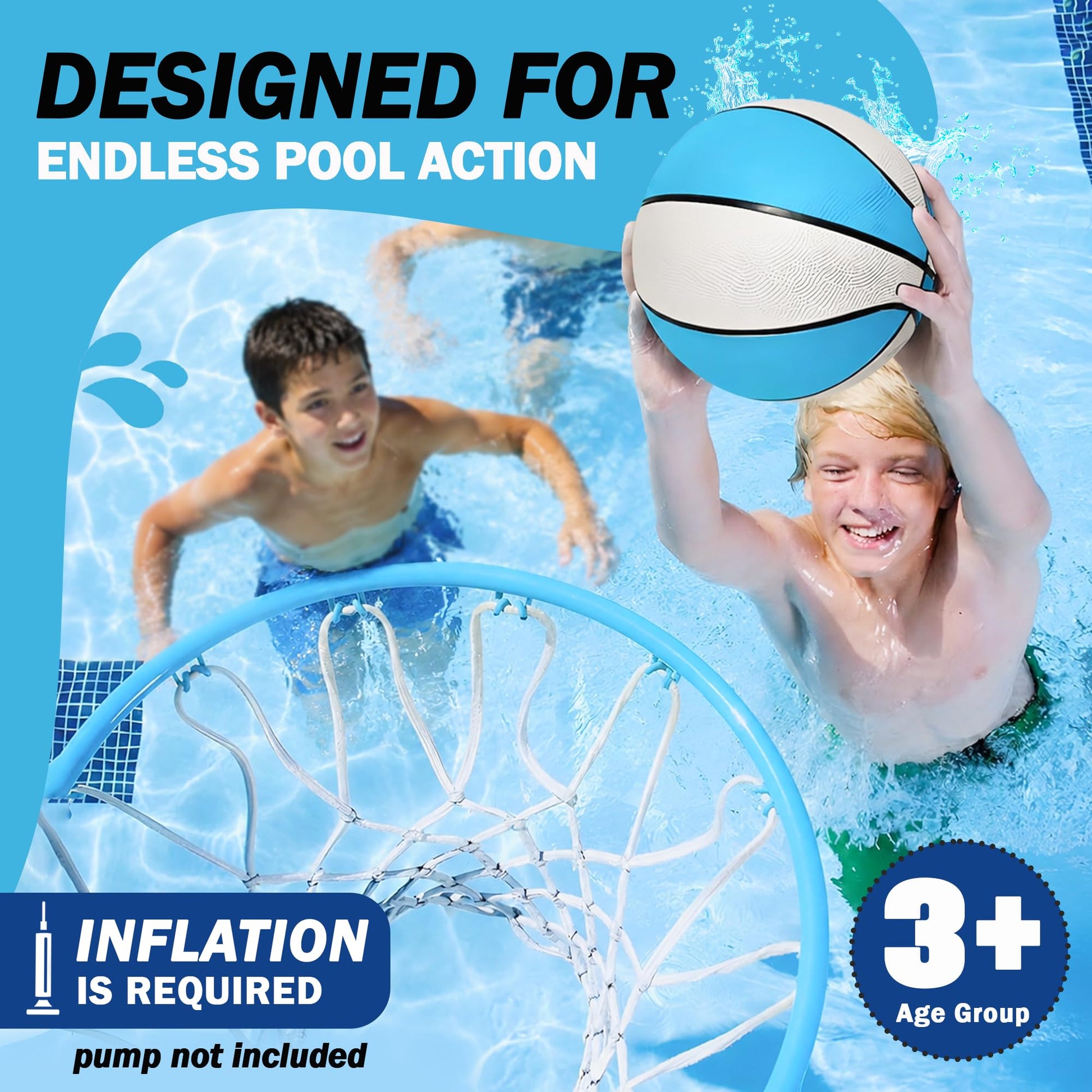 Botabee Official Size Pool Basketball - 9.4" Diameter, Size 7 Waterproof Basket Ball - Textured Grip for in-Water or Outdoor Play - Compatible