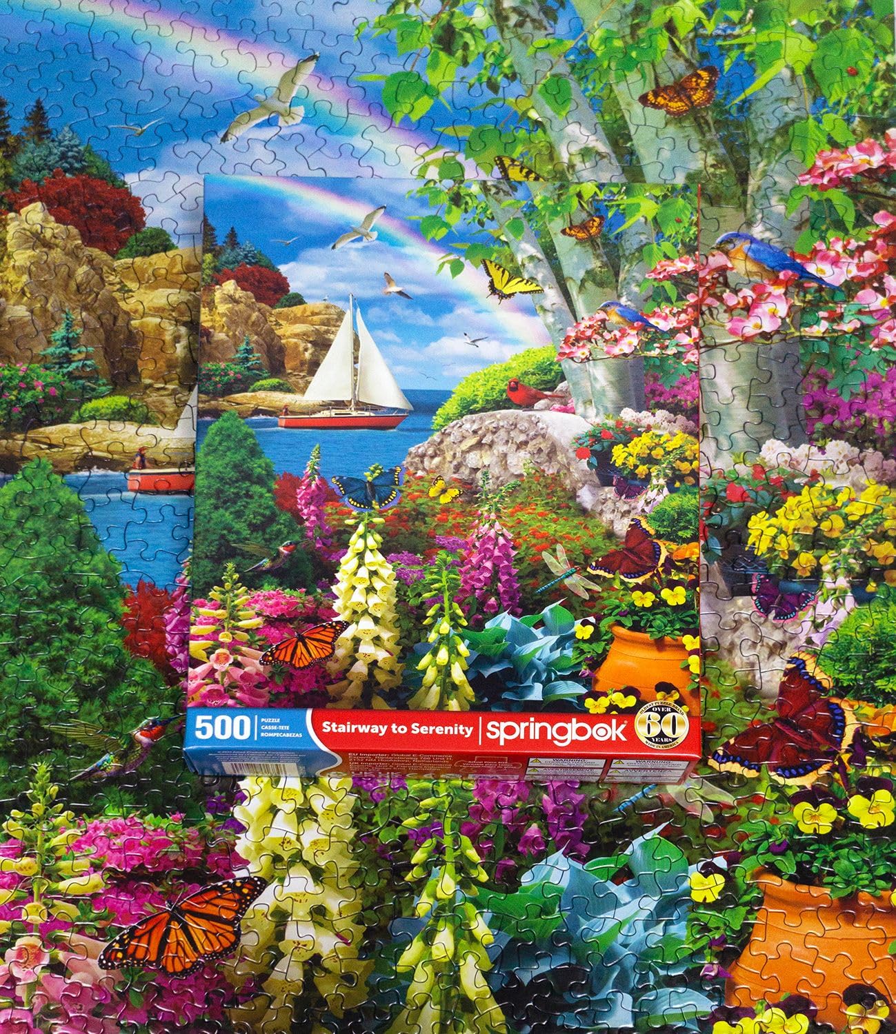 Springbok Stairway to Serenity 500 Piece Jigsaw Puzzle for Adults by Arist Alan Giana - Colorful Garden by The Ocean - Finished Size 23.5" x 18"