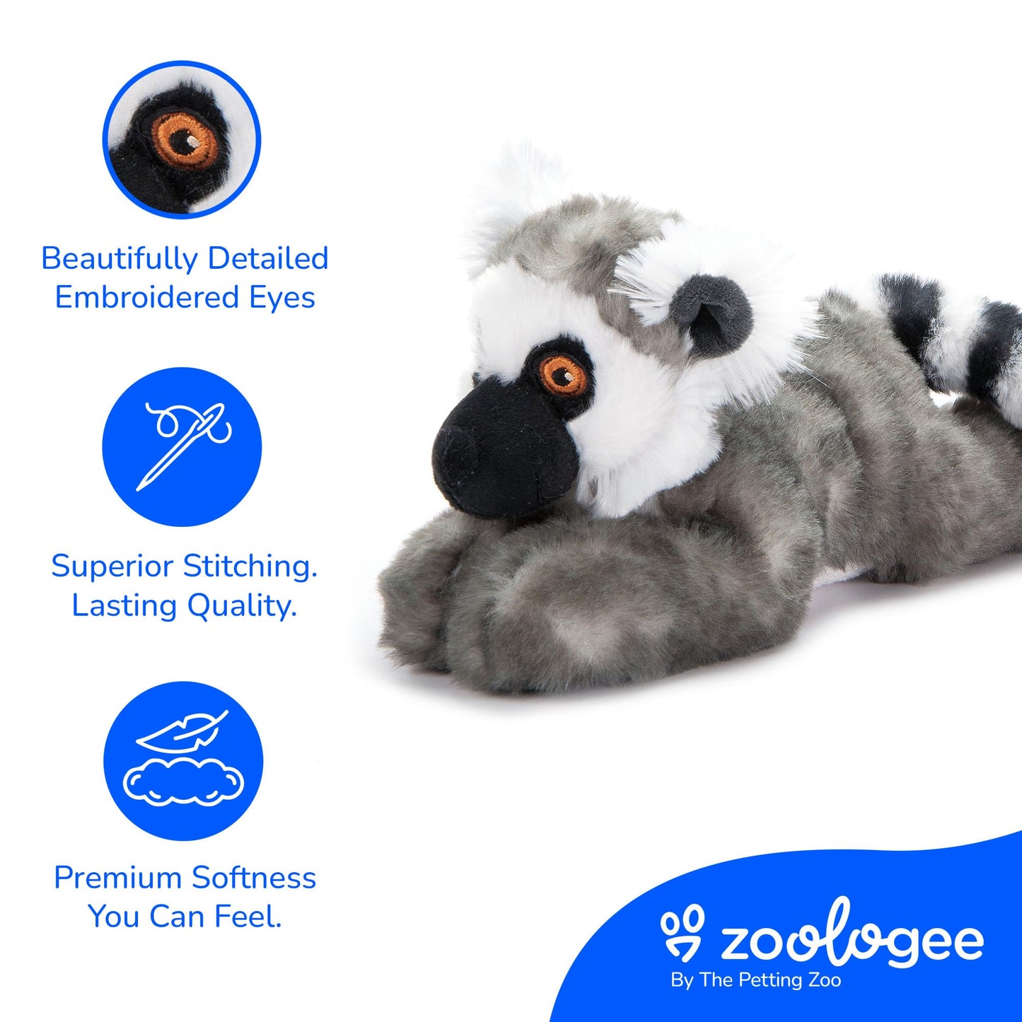 The Petting Zoo Ring-Tailed Lemur Stuffed Animal Plushie, Gifts for Kids, Earth Keeperz Wildlife Animals, Zoologee Grey Ring-Tailed Lemur Plush Toy