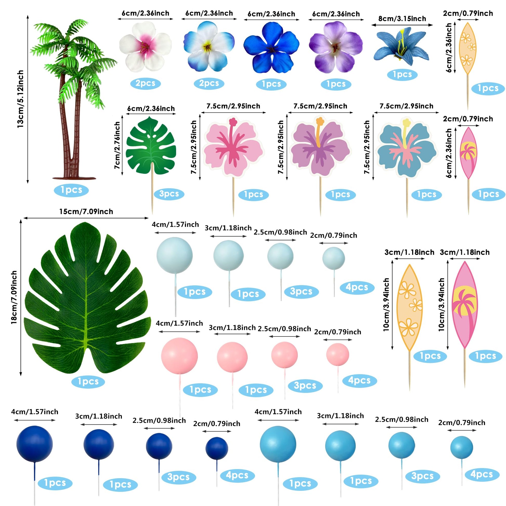 55PCS Hawaiian Pink Blue Cake Topper with Balls Tropical Flower Decor for Baby Shower and Birthday Party Supplies