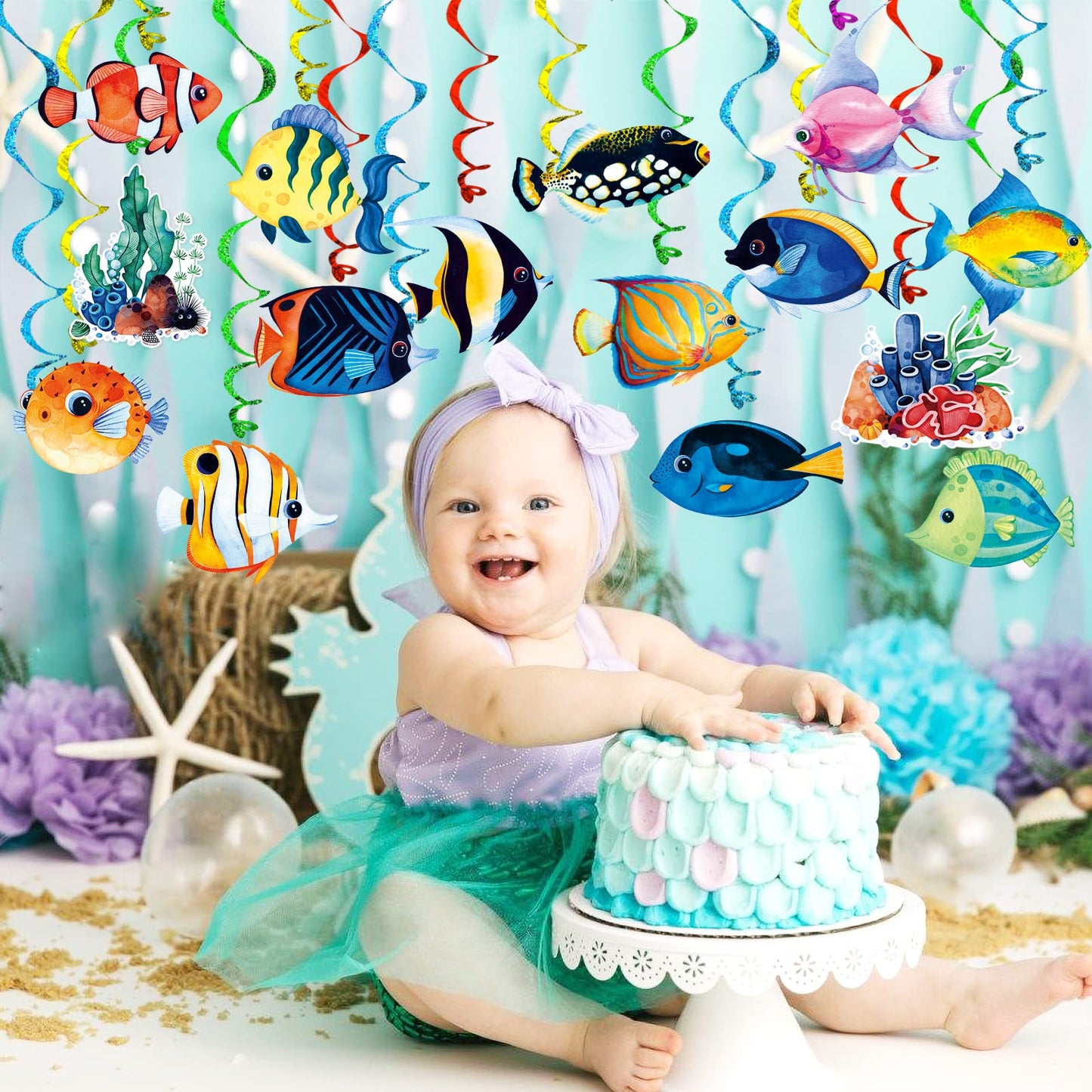Tropical Fish Hanging Swirls Banner Decor 30 Pack Foil Ceiling Hanging Swirls Streams Banner Decorations Garland for Under the Sea Ocean Celebrating