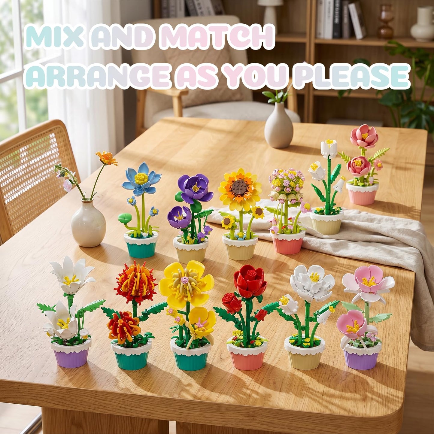 FNSJFYZS Flower Building Blocks, 12 PCS Assorted Mini Flower Pot Building Set, Artificial Flowers Botanical Collection for Home Decor, Birthday Gifts