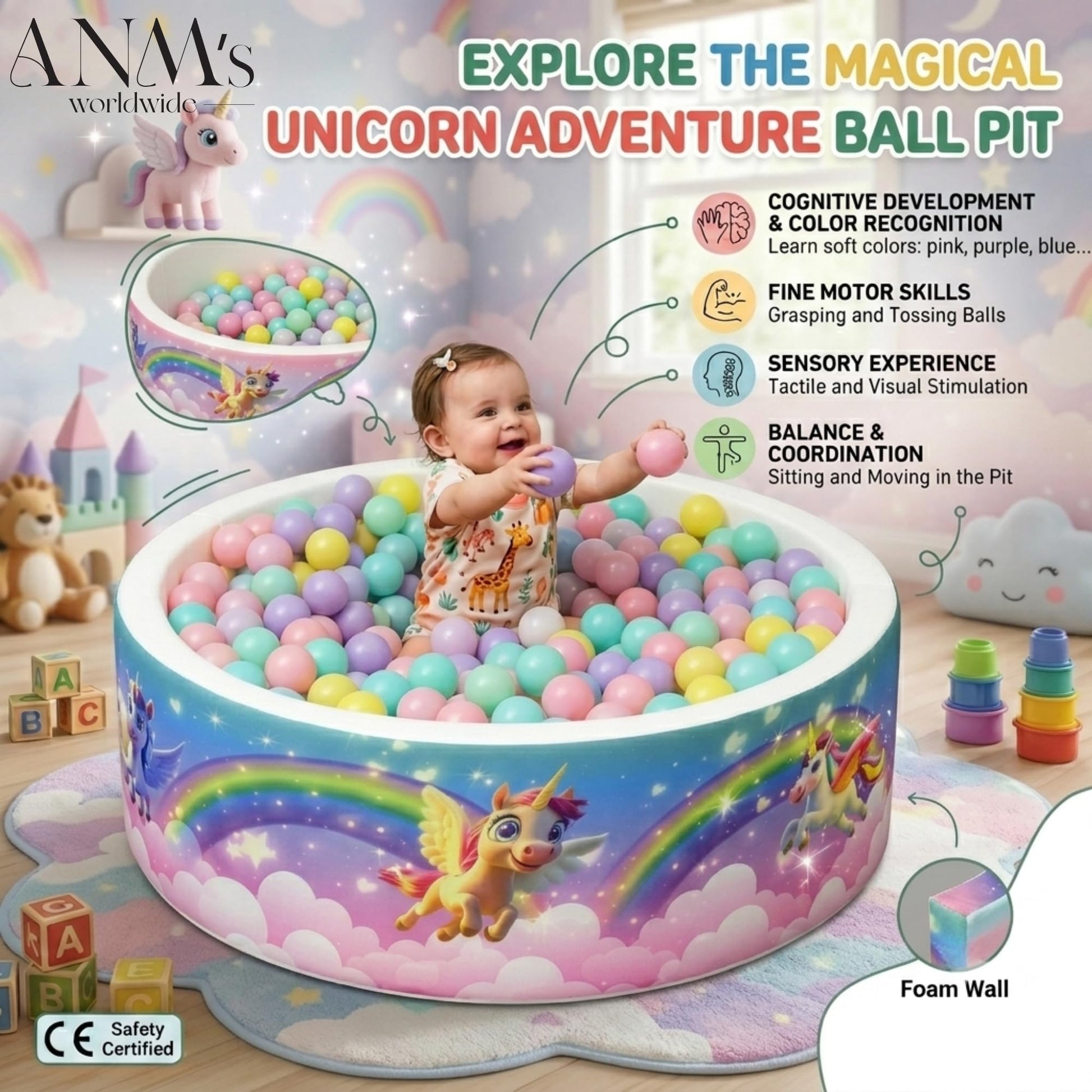 ANM’s Worldwide Foam Ball Pit for Toddlers - 90x30x5 cm Round Ball Pool, Soft Round Baby Playpen Ball Pool for Kids - Indoor Play Area for Babies