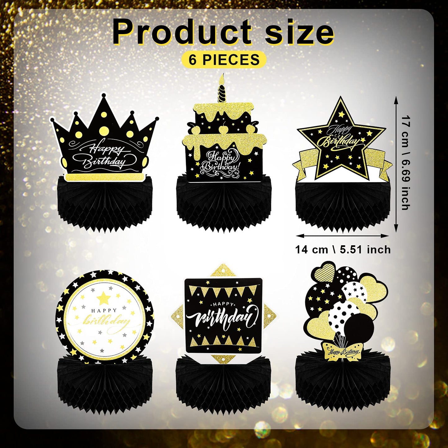 Skylety 6 Pcs Black and Gold Birthday Party Decorations Honeycomb Happy Birthday Centerpieces for Table Reusable Elegant Black Gold Table Toppers