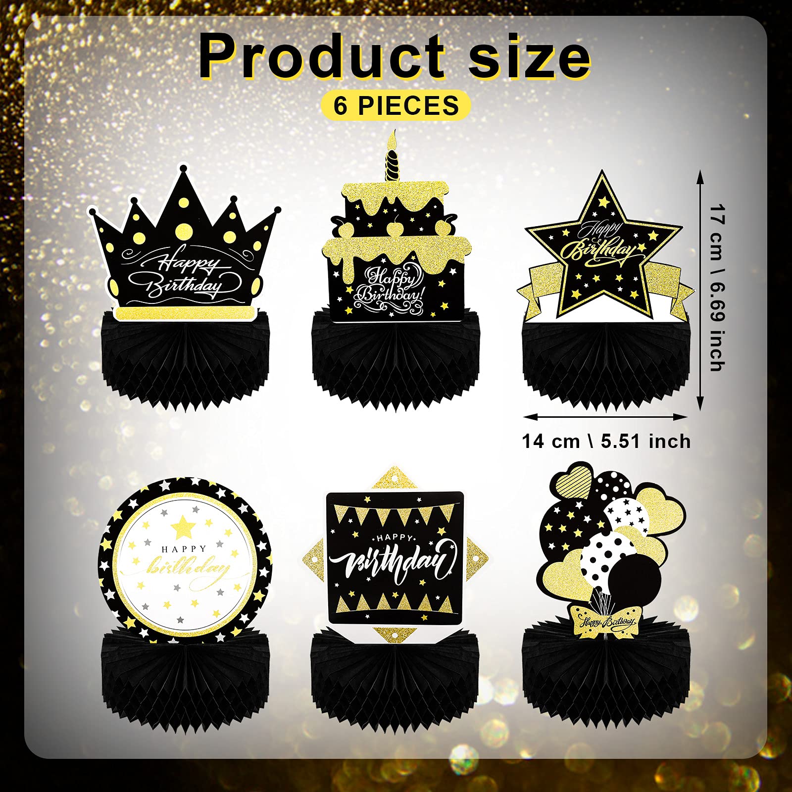 Skylety 6 Pcs Black and Gold Birthday Party Decorations Honeycomb Happy Birthday Centerpieces for Table Reusable Elegant Black Gold Table Toppers