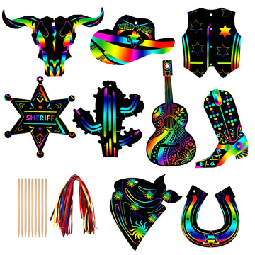 QsiuYbng 270 Pcs Rainbow Scratch Paper Set for Adults Western Party Favors Scratch Art Cardstock with Bamboo Sticks & Ribbons for Cowboy Party Favors