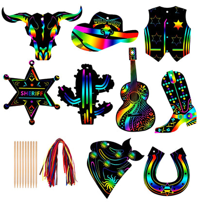 QsiuYbng 270 Pcs Rainbow Scratch Paper Set for Adults Western Party Favors Scratch Art Cardstock with Bamboo Sticks & Ribbons for Cowboy Party Favors