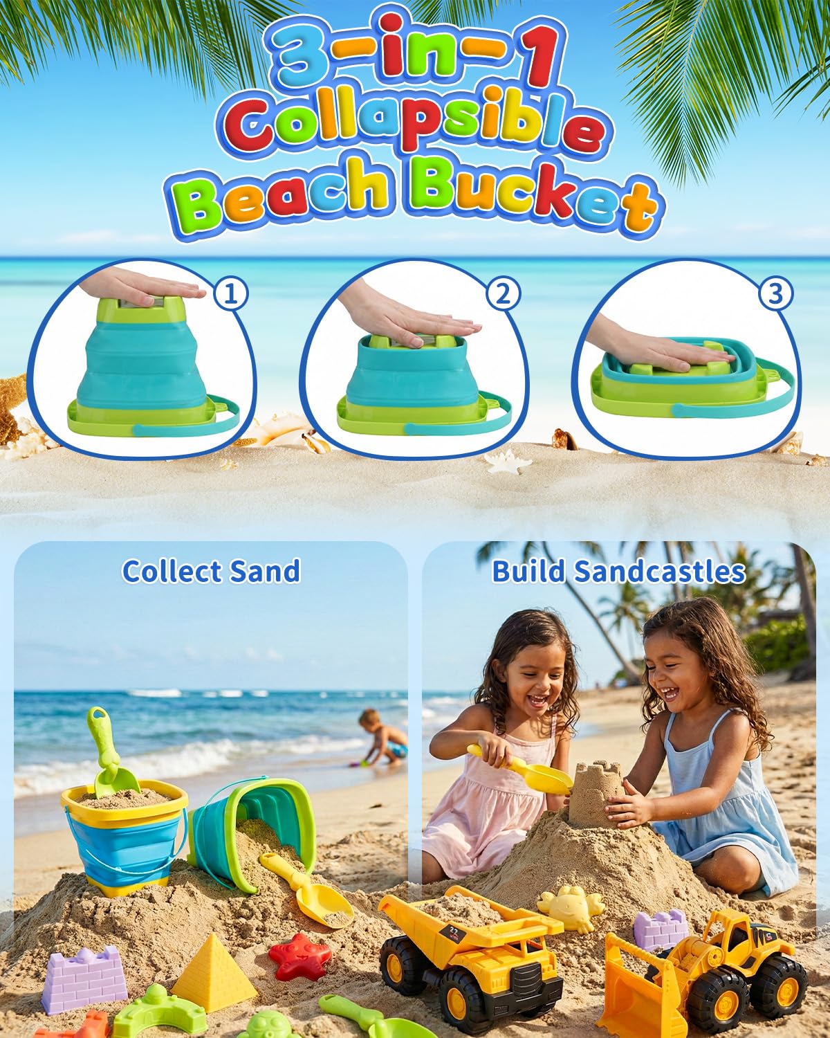 Fiderix 30PCS Beach Toys for Kids Ages 3-10 with 2 Collapsible Buckets