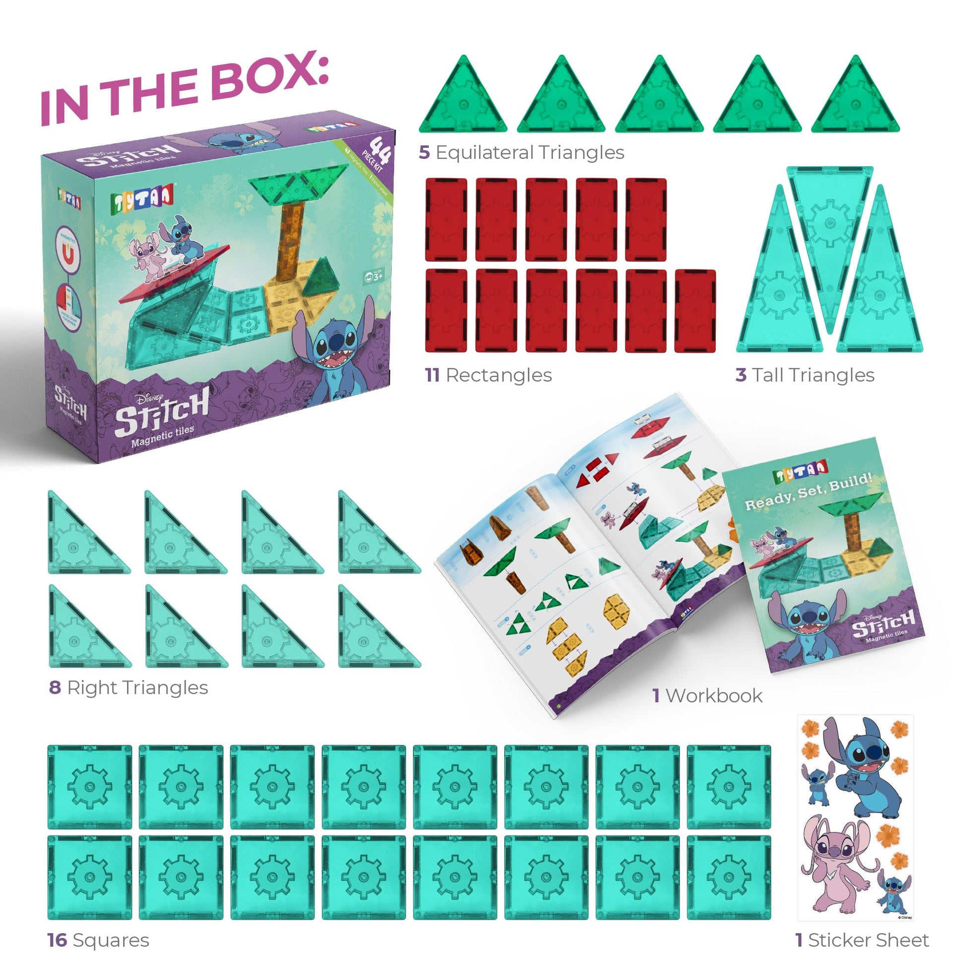 Tytan Official Disney Stitch Magnetic Tile Set - 44-Piece STEM Toy with Reusable Stitch & Angel Reusable Sticker Sheet and Instruction Manual