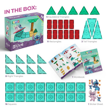 Tytan Official Disney Stitch Magnetic Tile Set - 44-Piece STEM Toy with Reusable Stitch & Angel Reusable Sticker Sheet and Instruction Manual