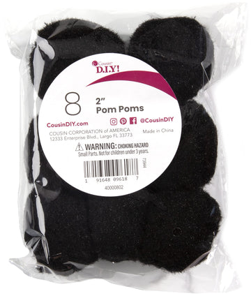 2 inch Black Pom-Poms, 8 Pack