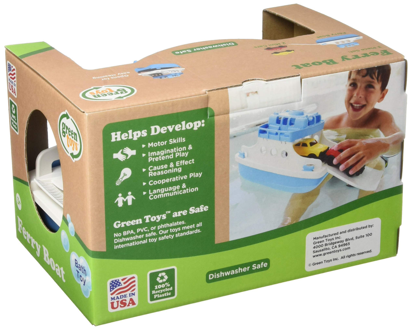 Green Toys Ferry Boat, Blue/White 4C - Pretend Play, Motor Skills, Kids Bath Toy Floating Vehicle. No BPA, phthalates, PVC. Dishwasher Safe, Recycled