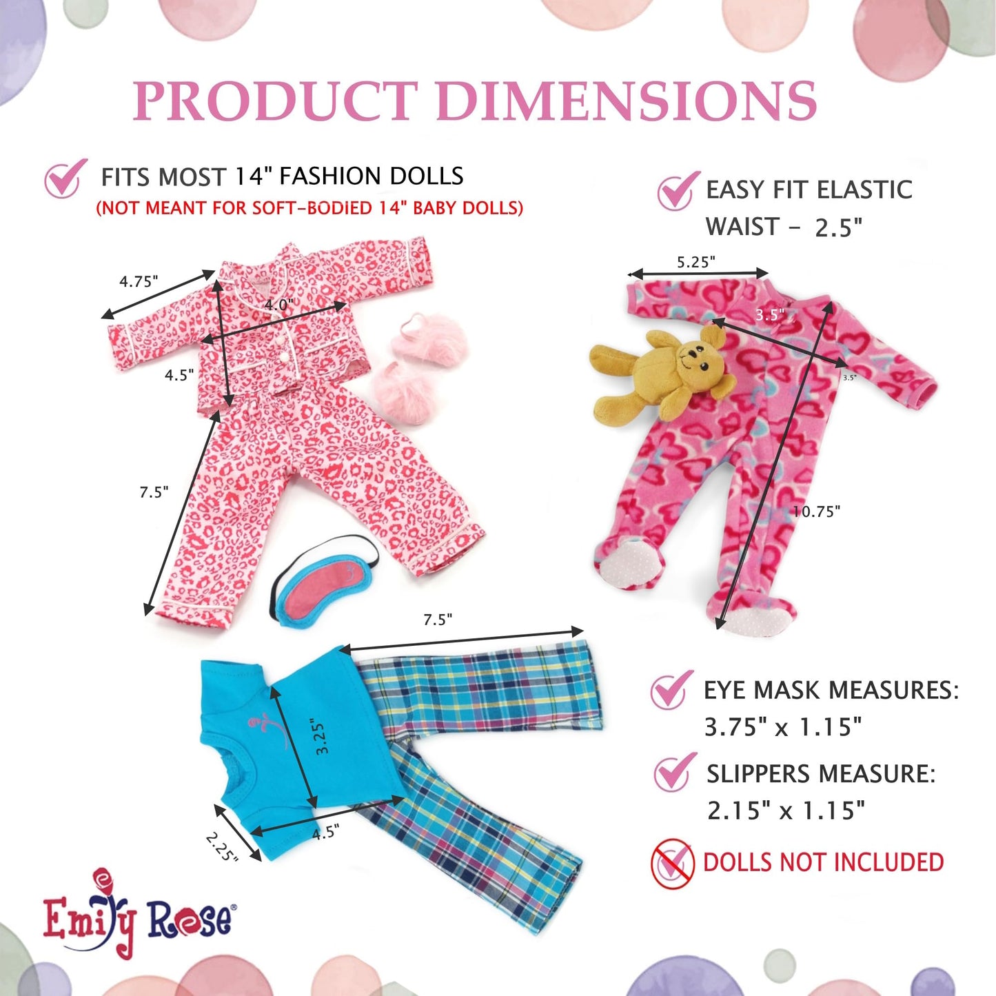 Emily Rose 14 Inch Doll 8-Piece Pajama Bundle | Silky Animal Print, Heart Footed Onesie & Plaid PJs with Slippers - Includes Teddy Bear & Eye Mask |