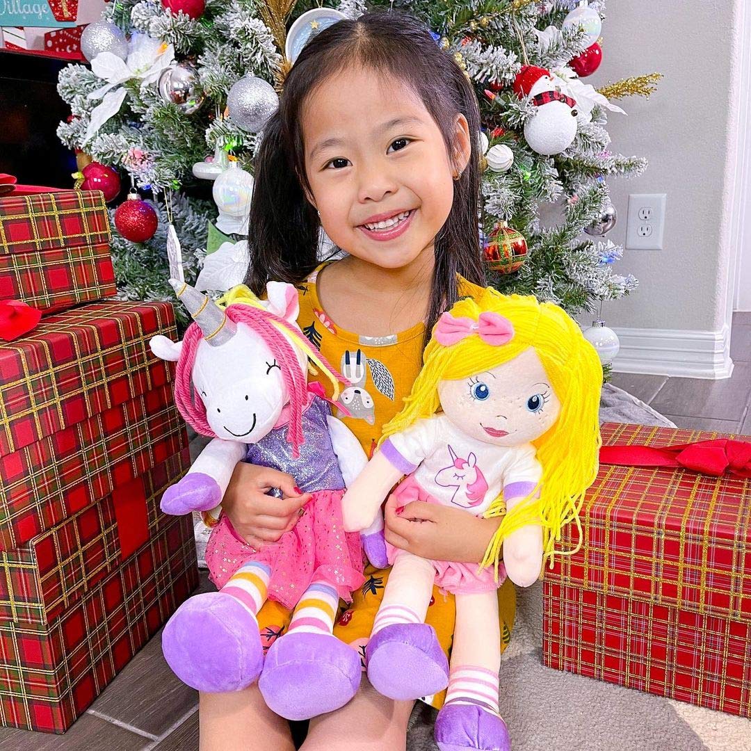 Plushible Soft Baby Doll Unicorn, 18 Inch - Plush Rag Doll with 2 Clothing Sets, My First Plush for Girls, Babies & Infants, Soft Baby Stuffed Toy