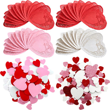 mufanyu 256 Pcs Valentines Day Crafts Gifts Set with 100 Heart Doilies, 2 Bags Foam Heart Stickers for Valentines Day Wedding Party Decor DIY