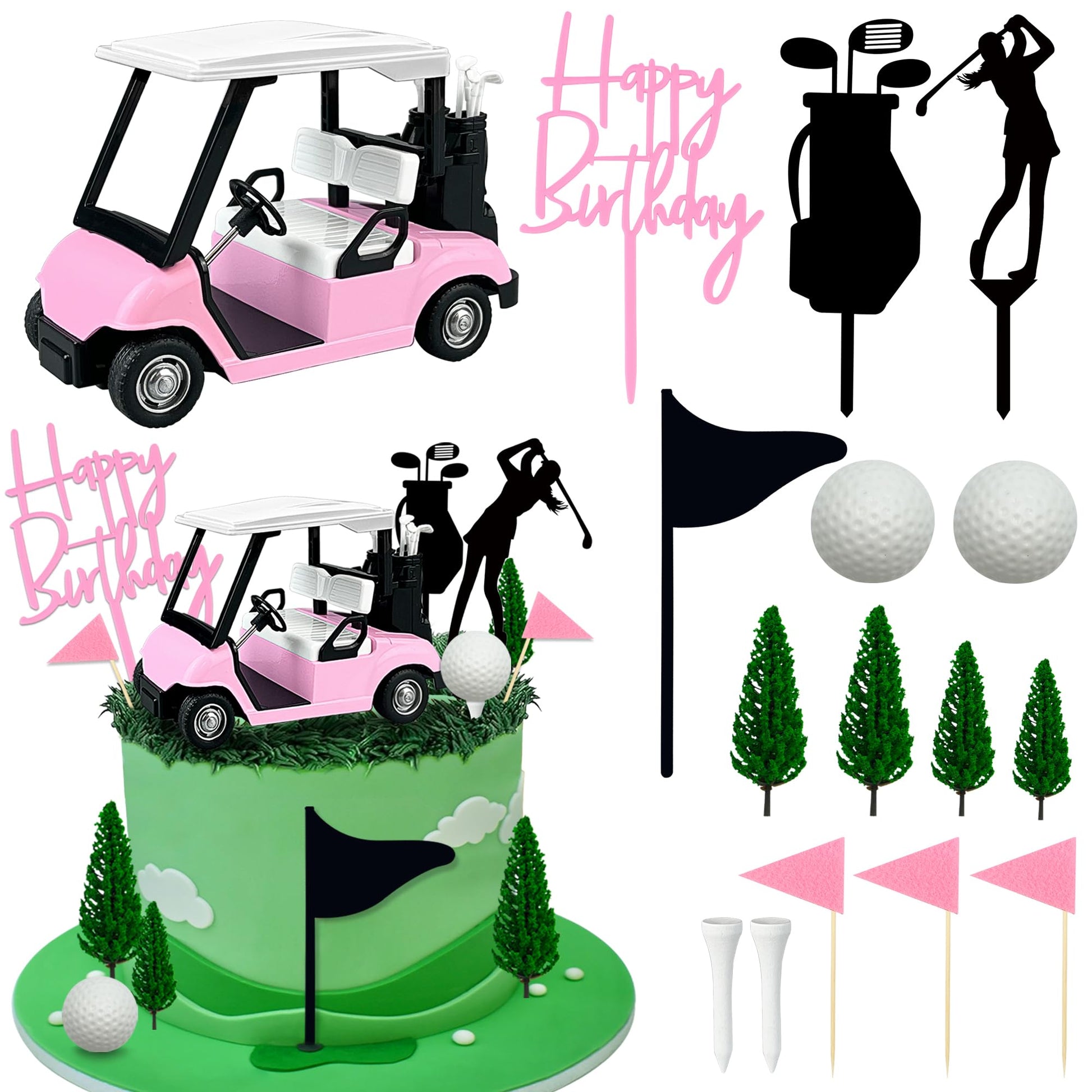 2026 New Golf Cake Decorations Pink Golf Cart Cake Toppers Heading