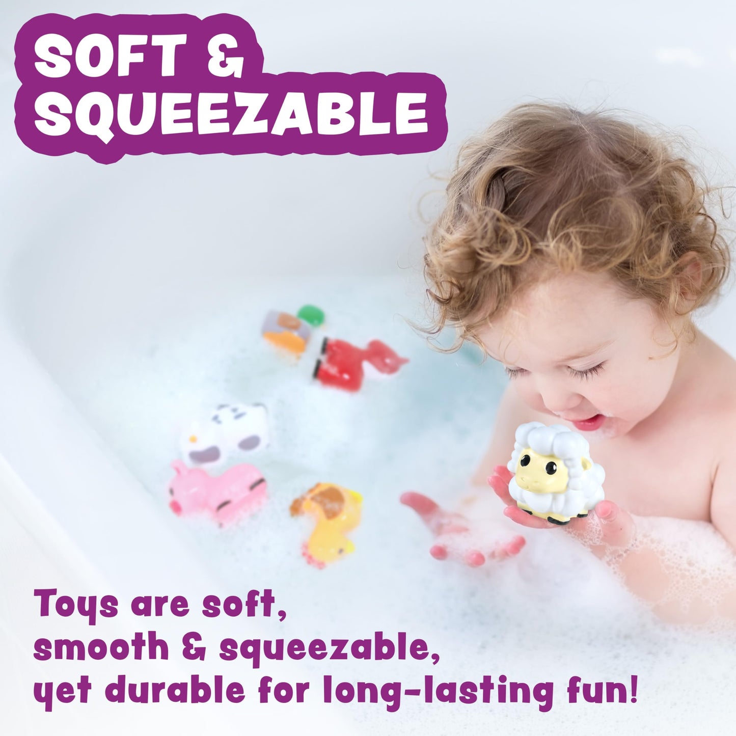Tub Works® Barnyard™ Mold Free Bath Toys, 6 Pack | Sealed, No Hole Bath Toys Design Keeps Moisture Out | Soft, Squeezable & Float on Water | Farm