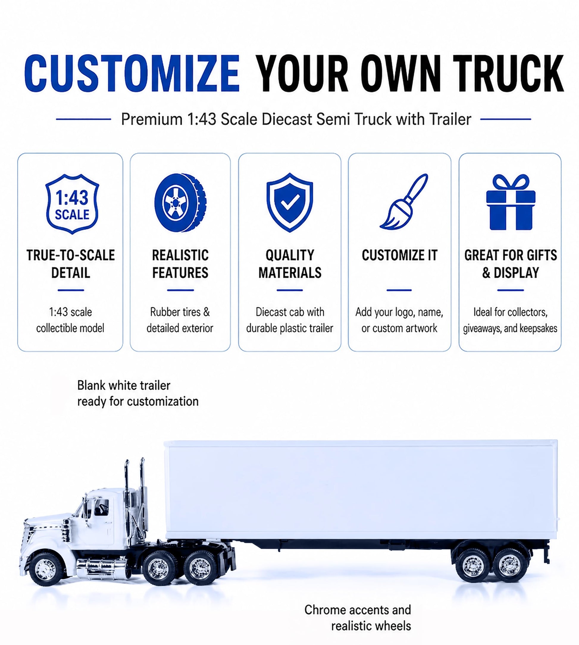 NewRay Customize 18 Wheeler Toy Truck with Trailer, 1:43 Scale Replica International Lonestar Diecast Truck, Customize Toy, Personalized Diecast Toy