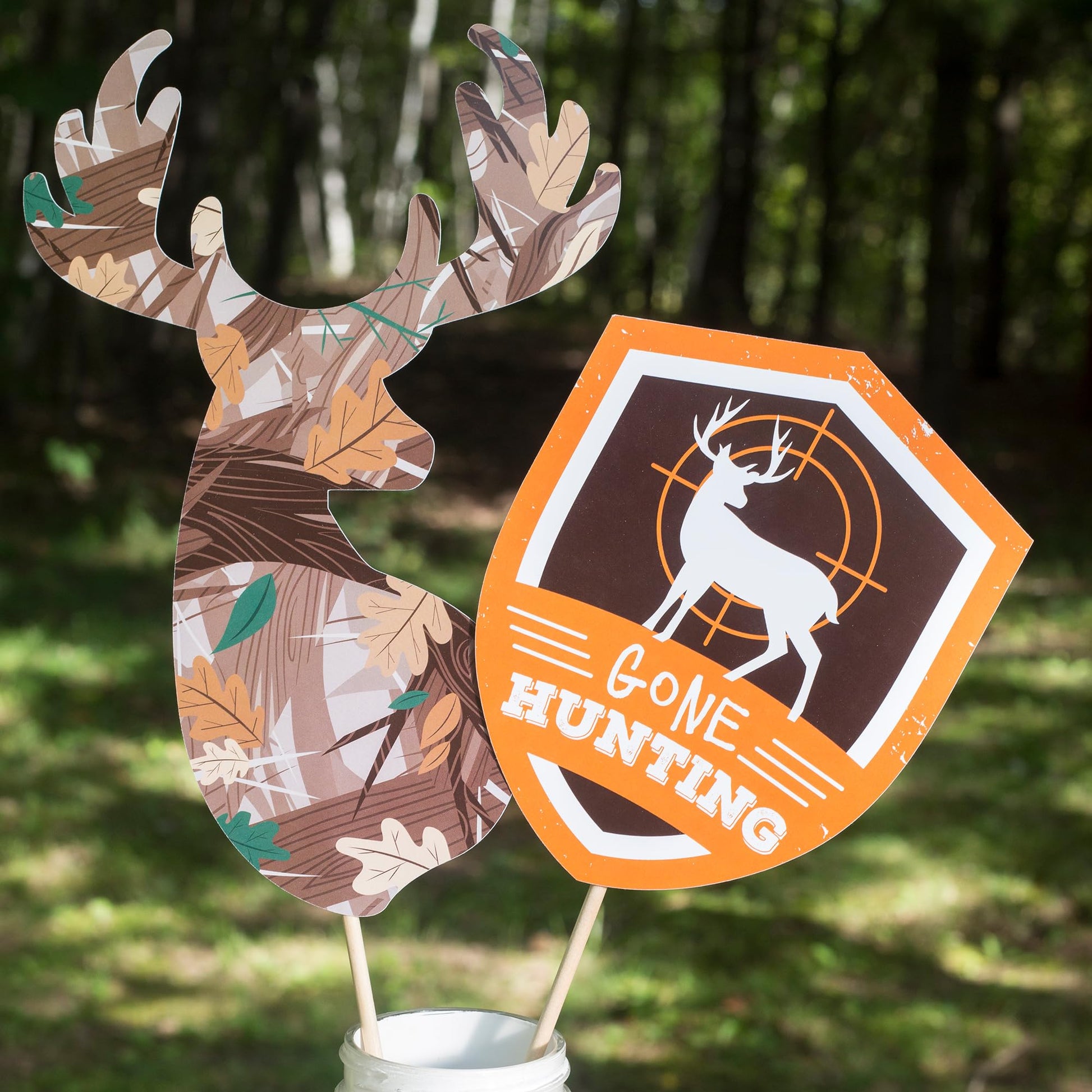 Big Dot of Happiness Gone Hunting - Deer Hunting Camo Baby Shower or Birthday Party Centerpiece Sticks - Table Toppers - Set of 15