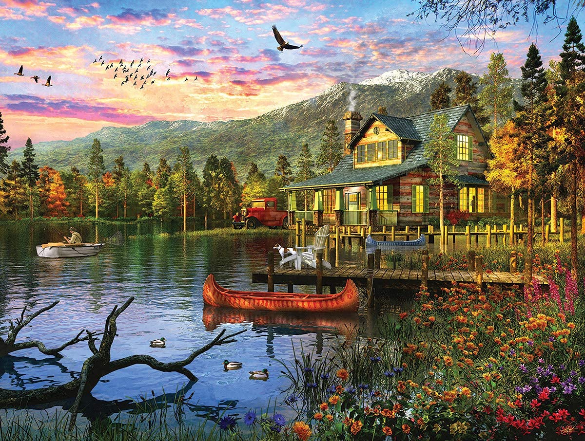 White Mountain 500 Piece Puzzle Lake Jigsaw Mountain Spring Puzzles Large Pieces Gift for Adults and Seniors 18"x24" - Sunset Cabin