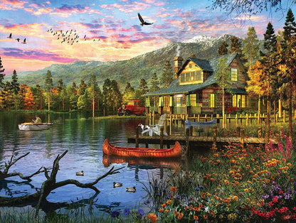 White Mountain 500 Piece Puzzle Lake Jigsaw Mountain Spring Puzzles Large Pieces Gift for Adults and Seniors 18"x24" - Sunset Cabin