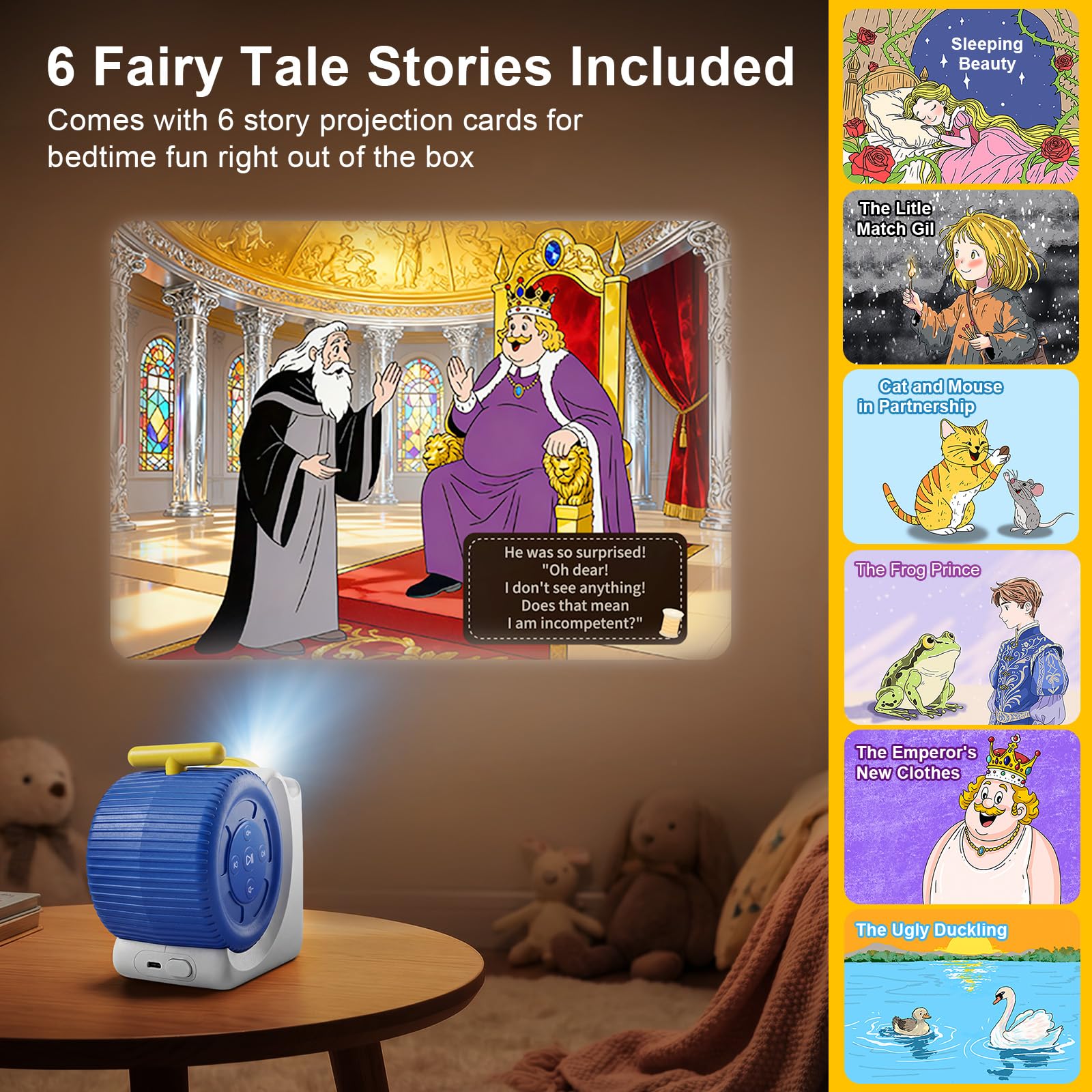 Story Projector for Kids, Bedtime Projector Machine with Voice Narration, 6 Fairy Tales Slides, Adjustable Focus, Night Light, Toy Gift for Toddlers