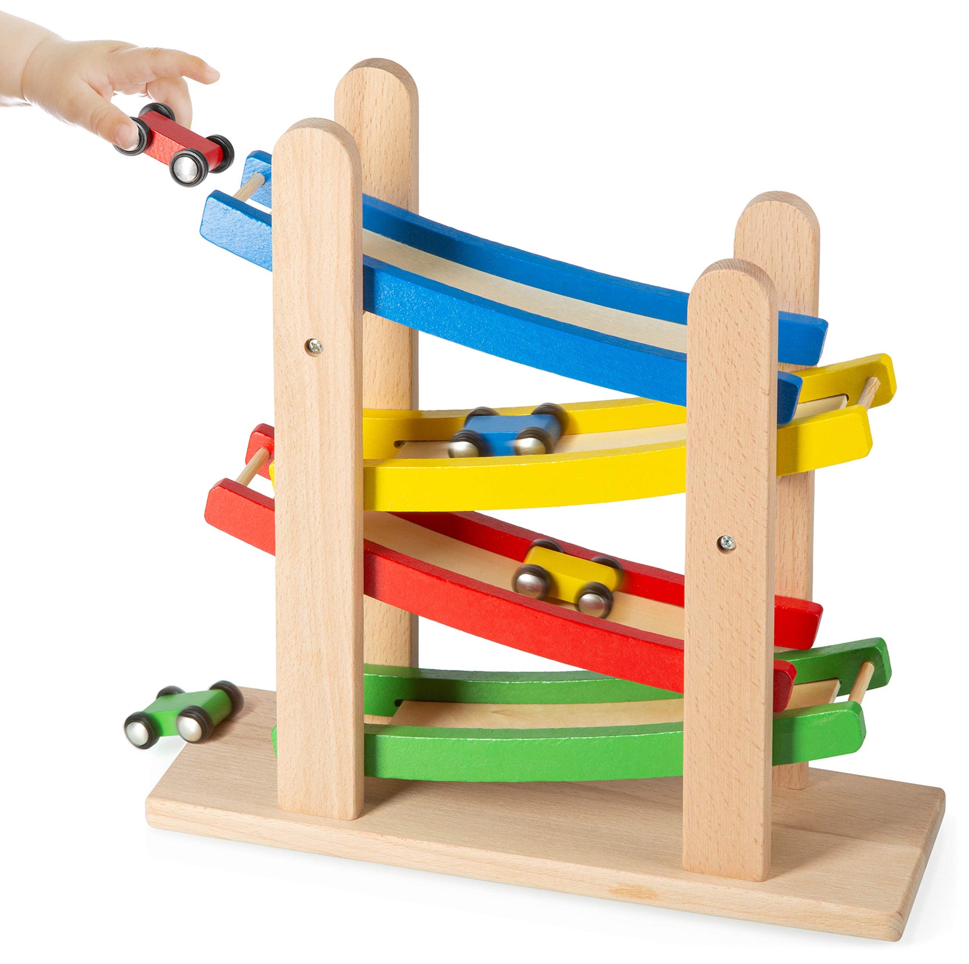 Play22 Wooden Car Ramps Race - 4 Level Toy Car Ramp Race Track Includes 4 Wooden Toy Cars - My First Baby Toys - Toddler Race Car Ramp Toy Set is